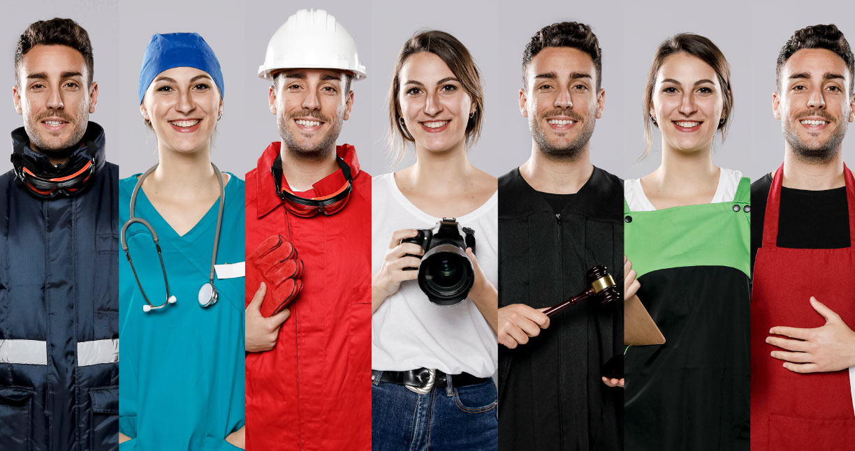 Collage de fotos de personas con diferentes profesiones.